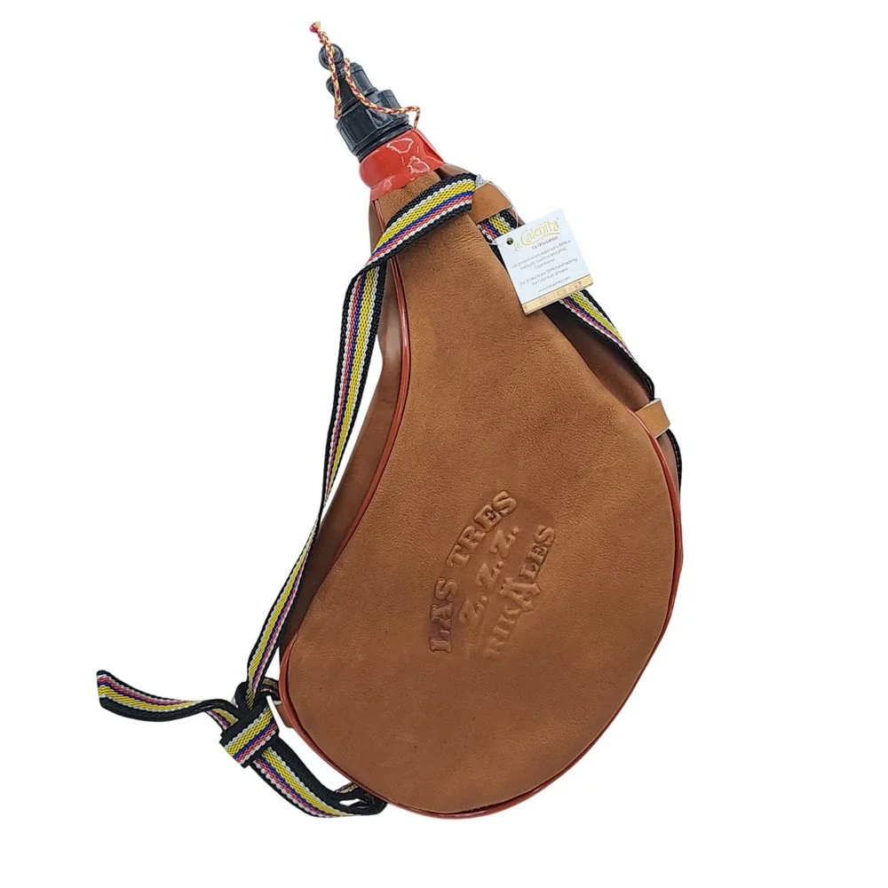 La Caleñita Colombian Souvenir Tejada Cat Embossed Leather Bota Bag Wine Canteen